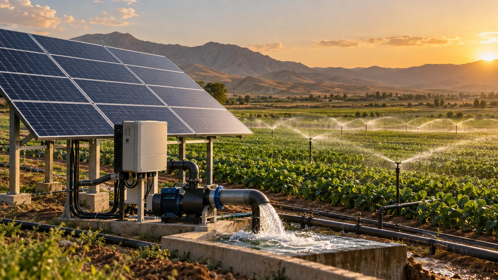 Solar-powered irrigation system supplying water to agricultural fields